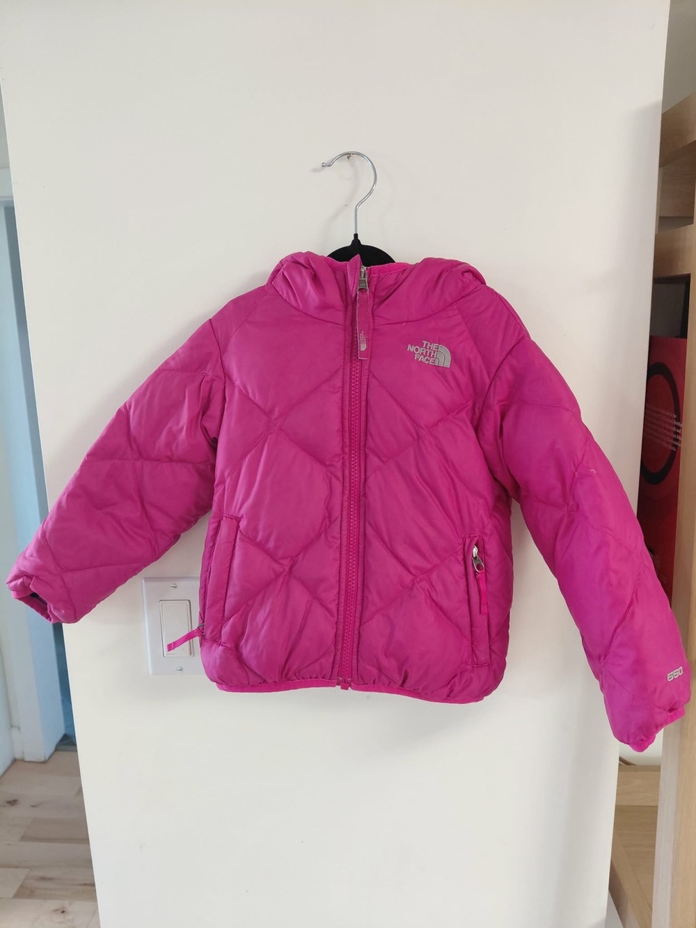 The North Face Pink and Gray Plaid Hooded Jacket 3T
